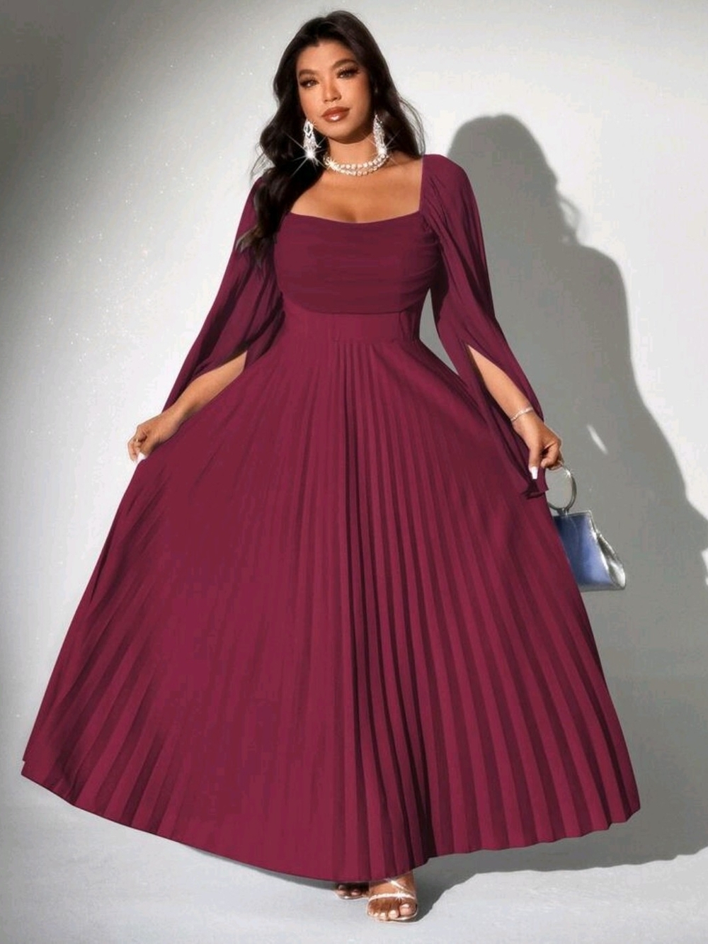 SHEIN Wine Pleated Maxi Dress with Square Neck and Cape Sleeves